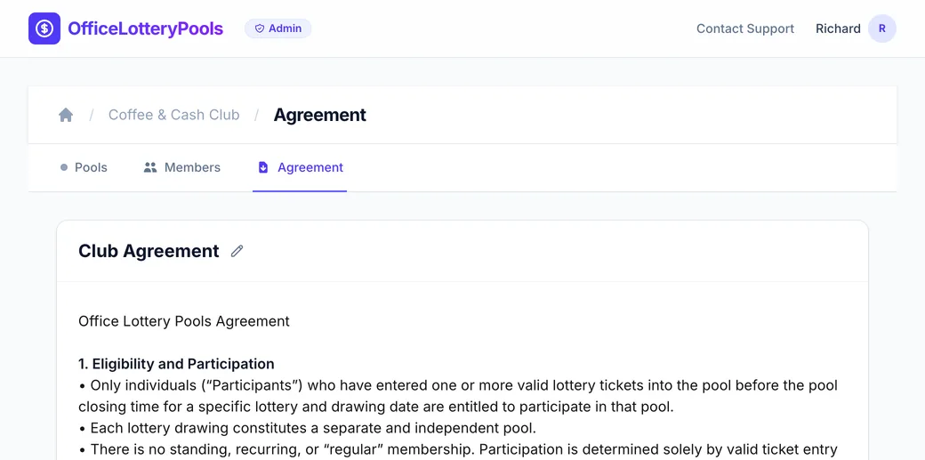 Member consent screen showing pool rules that must be accepted