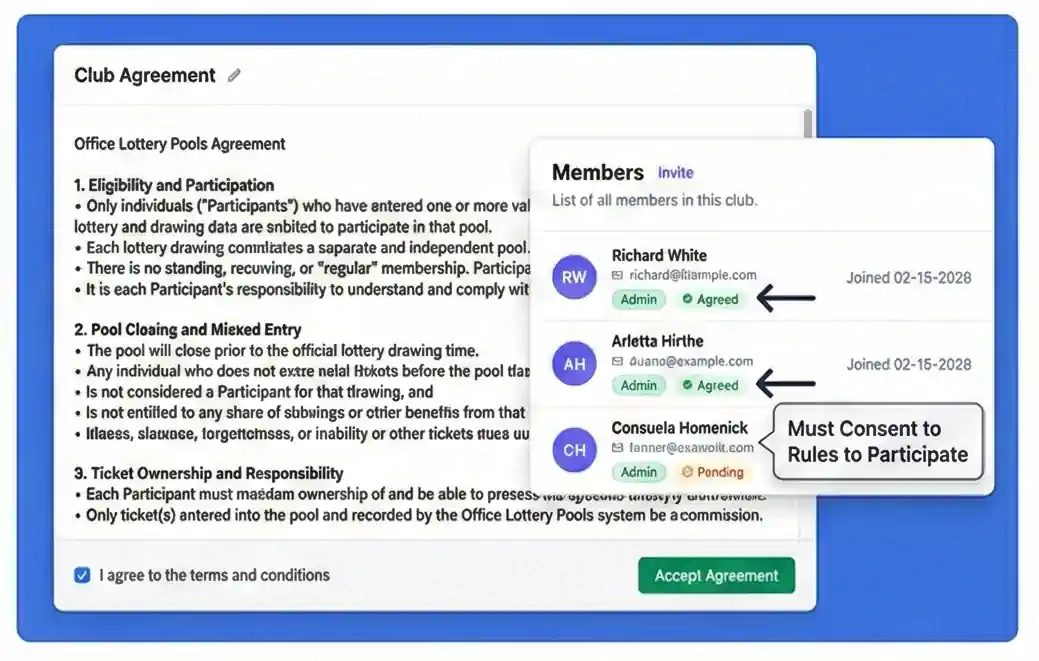 Member consent screen showing pool rules that must be accepted