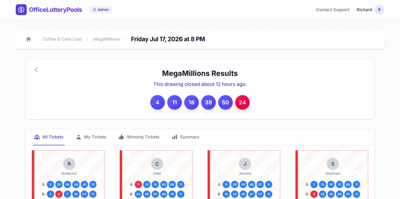 OfficeLotteryPools dashboard showing an active lottery pool with uploaded tickets and locked participant list