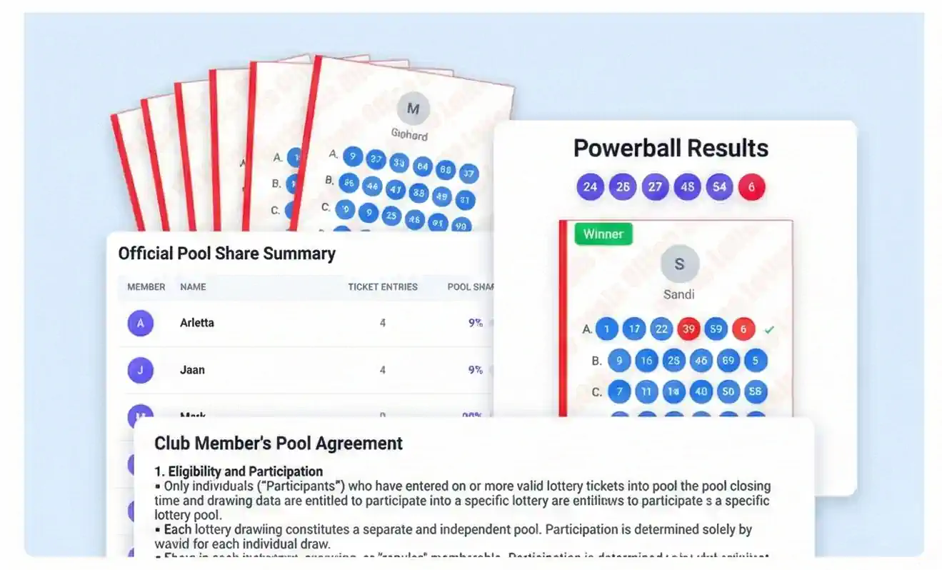 OfficeLotteryPools dashboard showing an active lottery pool with uploaded tickets and locked participant list