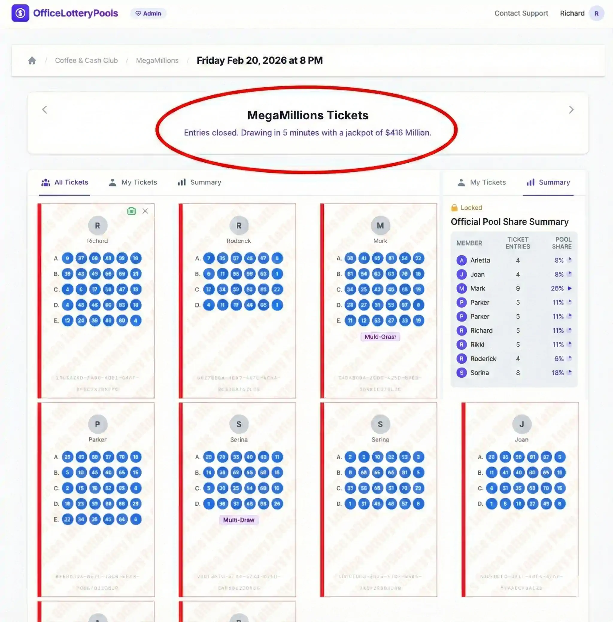Locked participant list showing confirmed members for a drawing