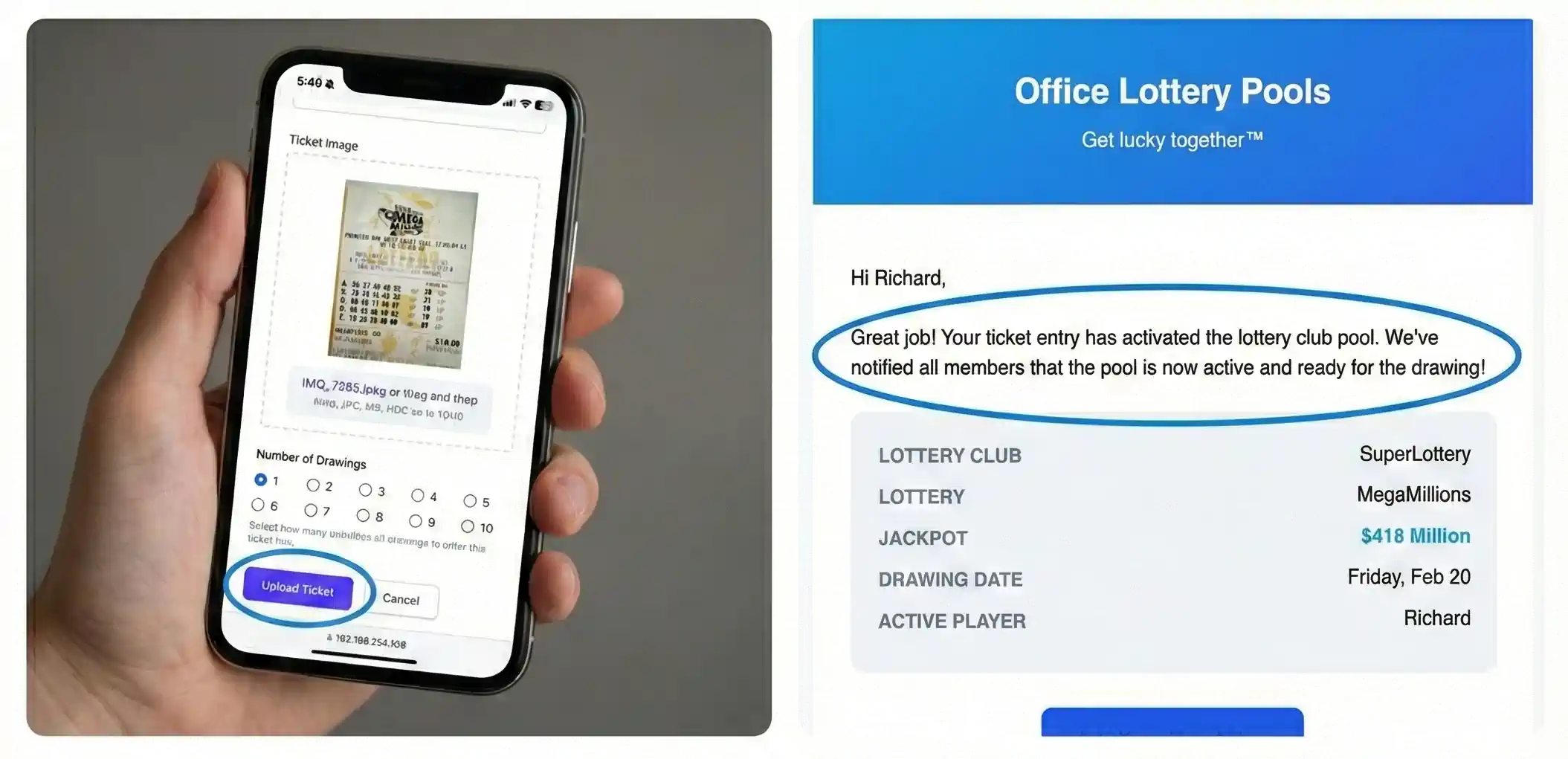 Mobile phone uploading a lottery ticket photo to the pool