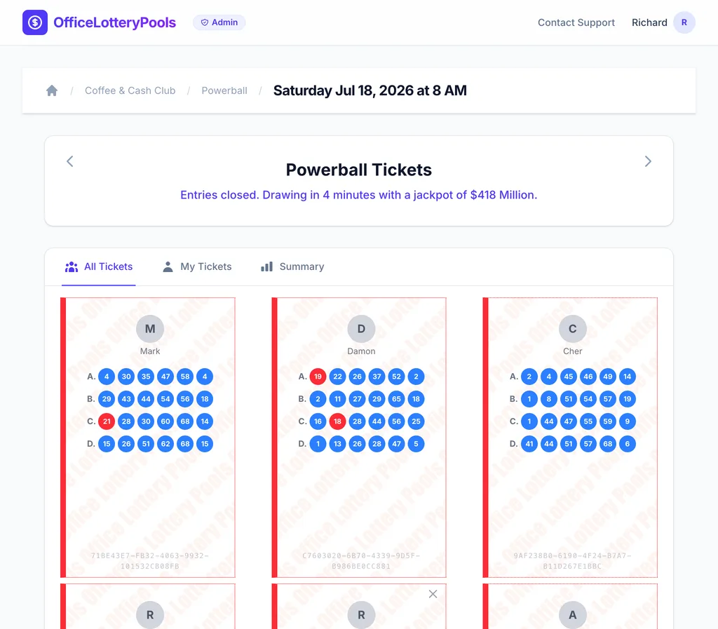 Locked lottery pool showing finalized participant list and tickets before drawing