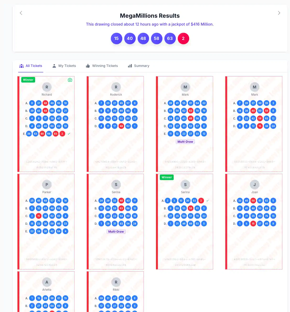 Results screen showing automatically checked lottery tickets with winning numbers highlighted