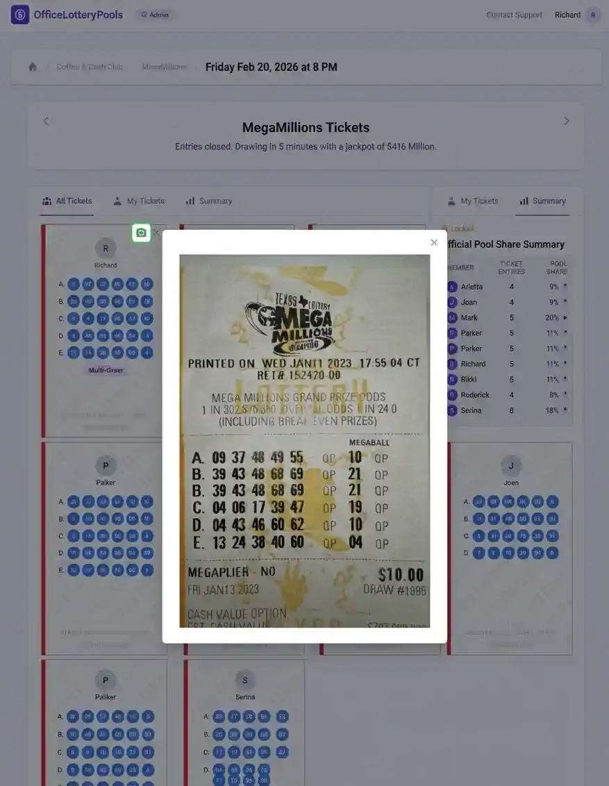 Pool view showing all uploaded tickets visible to every member