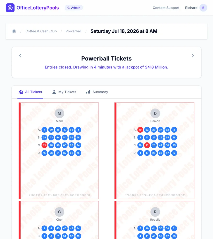 Pool view showing all uploaded tickets visible to every member